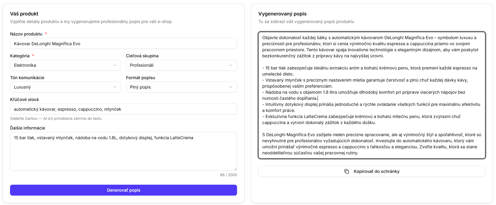 Ukážka generovania popisu produktu v CopyBoost
